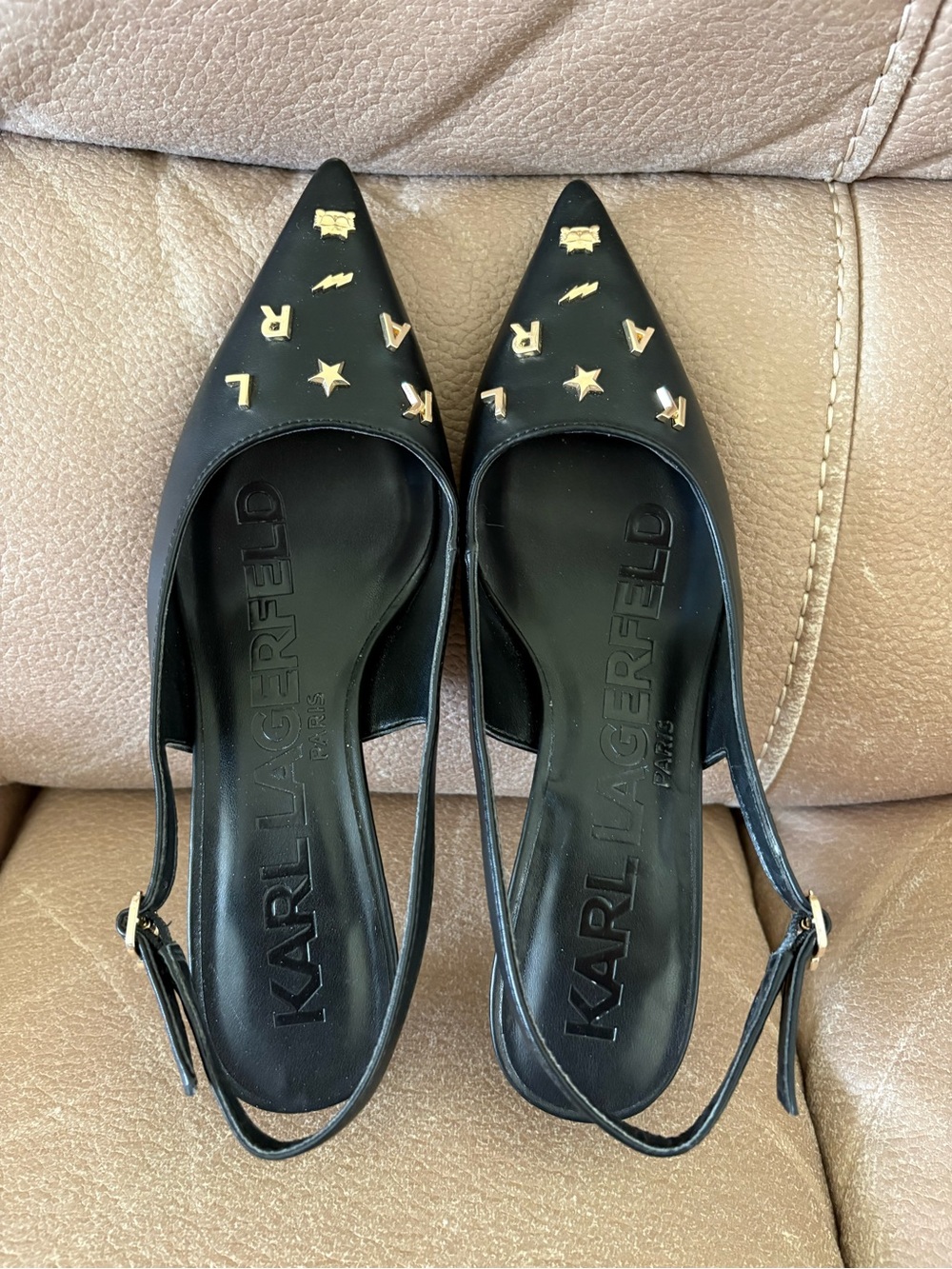 Karl Lagerfeld Black Pointed Slingback Flats with Gold Stud Embellishments